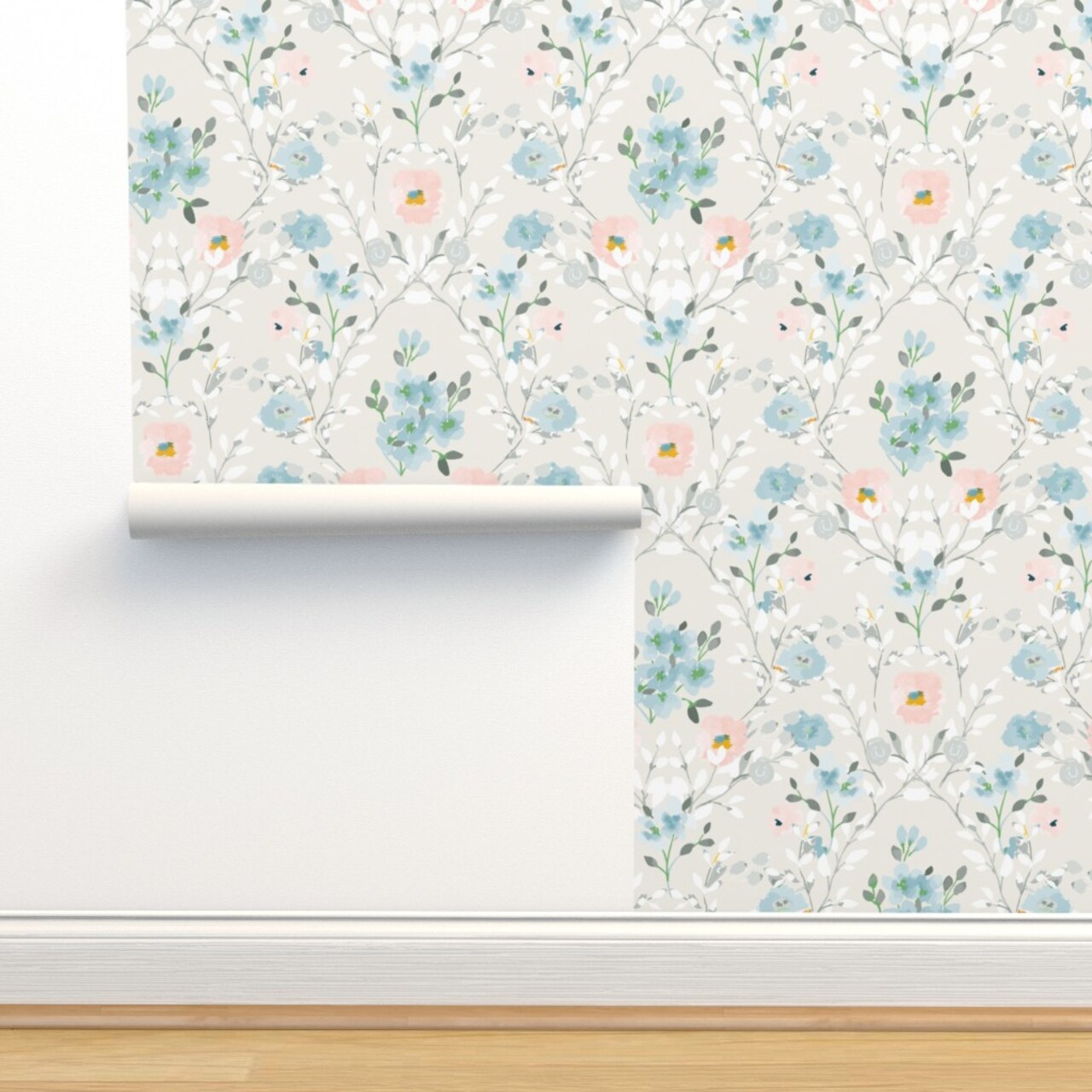 Romantic Floral Blue Gray Pink Watercolor Flowers Custom Removable Wallpaper by Spoonflower Peel & Stick Wallpaper 2FT Wide